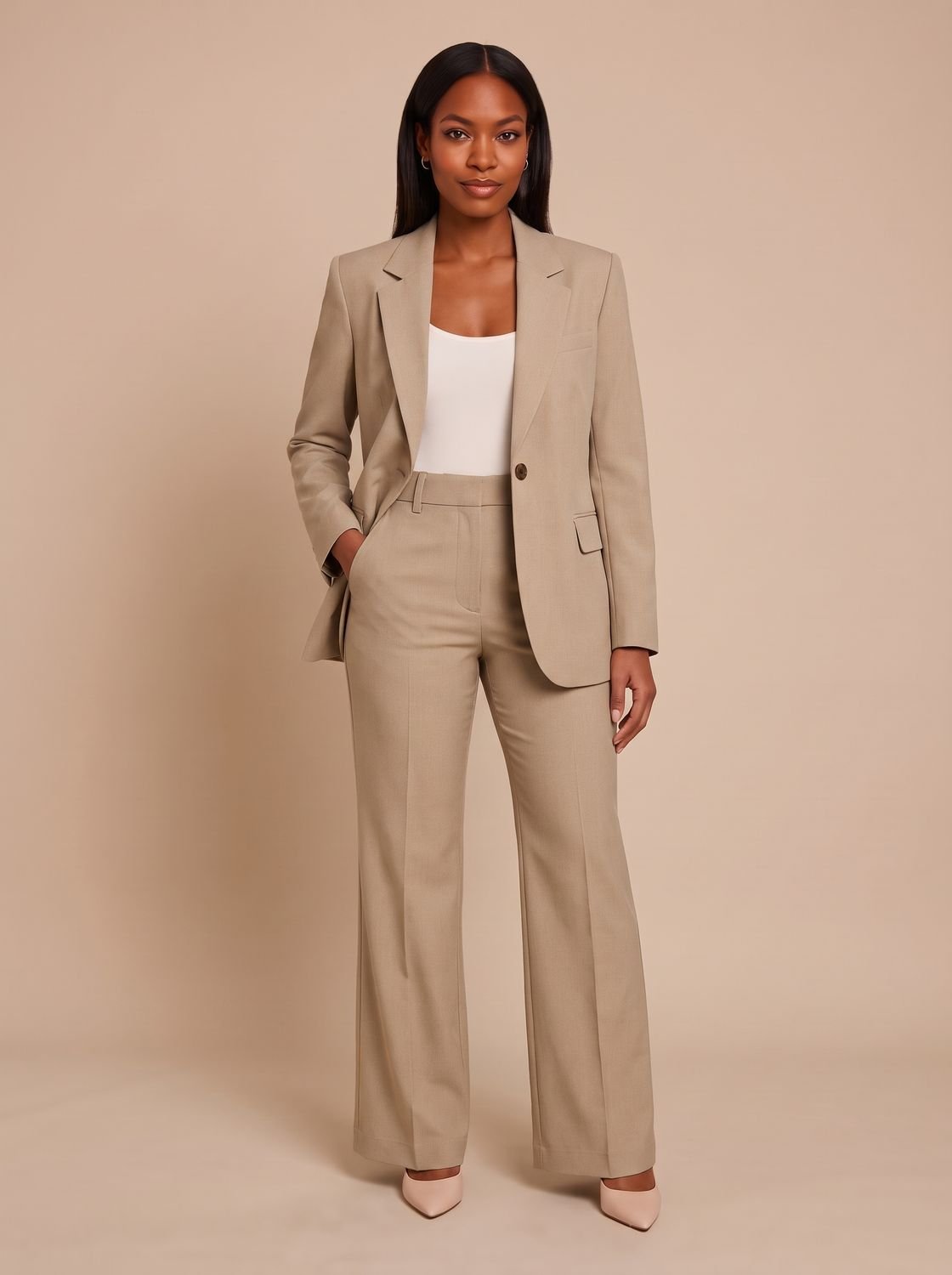 Women's Tailored-Fit Wide-Leg Blazer Pants Suit Set - Beige