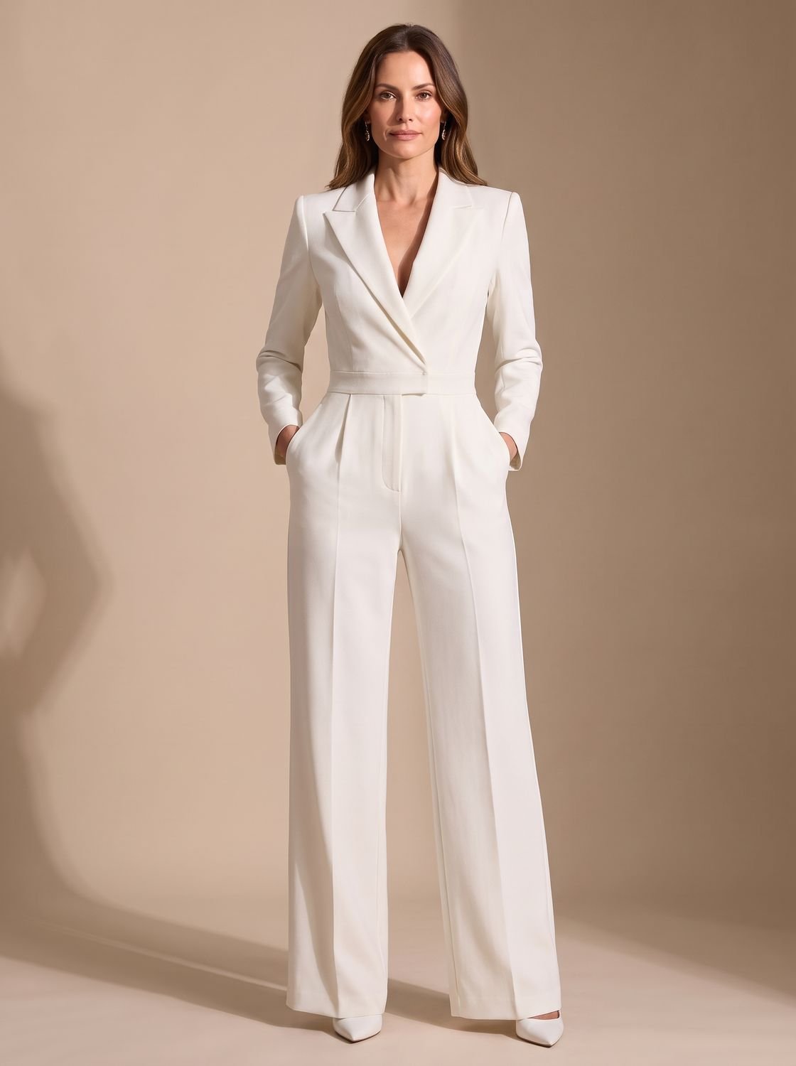 Women's Tailored Wrap-Front Long-Sleeve Wide-Leg Jumpsuit