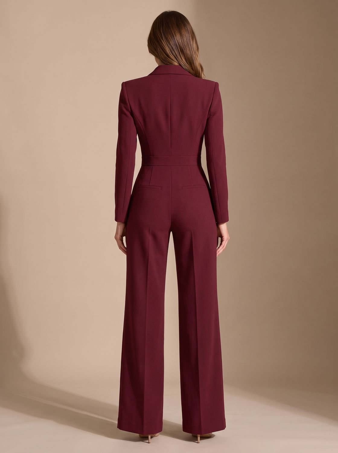 Women's Tailored Wrap-Front Long-Sleeve Wide-Leg Jumpsuit