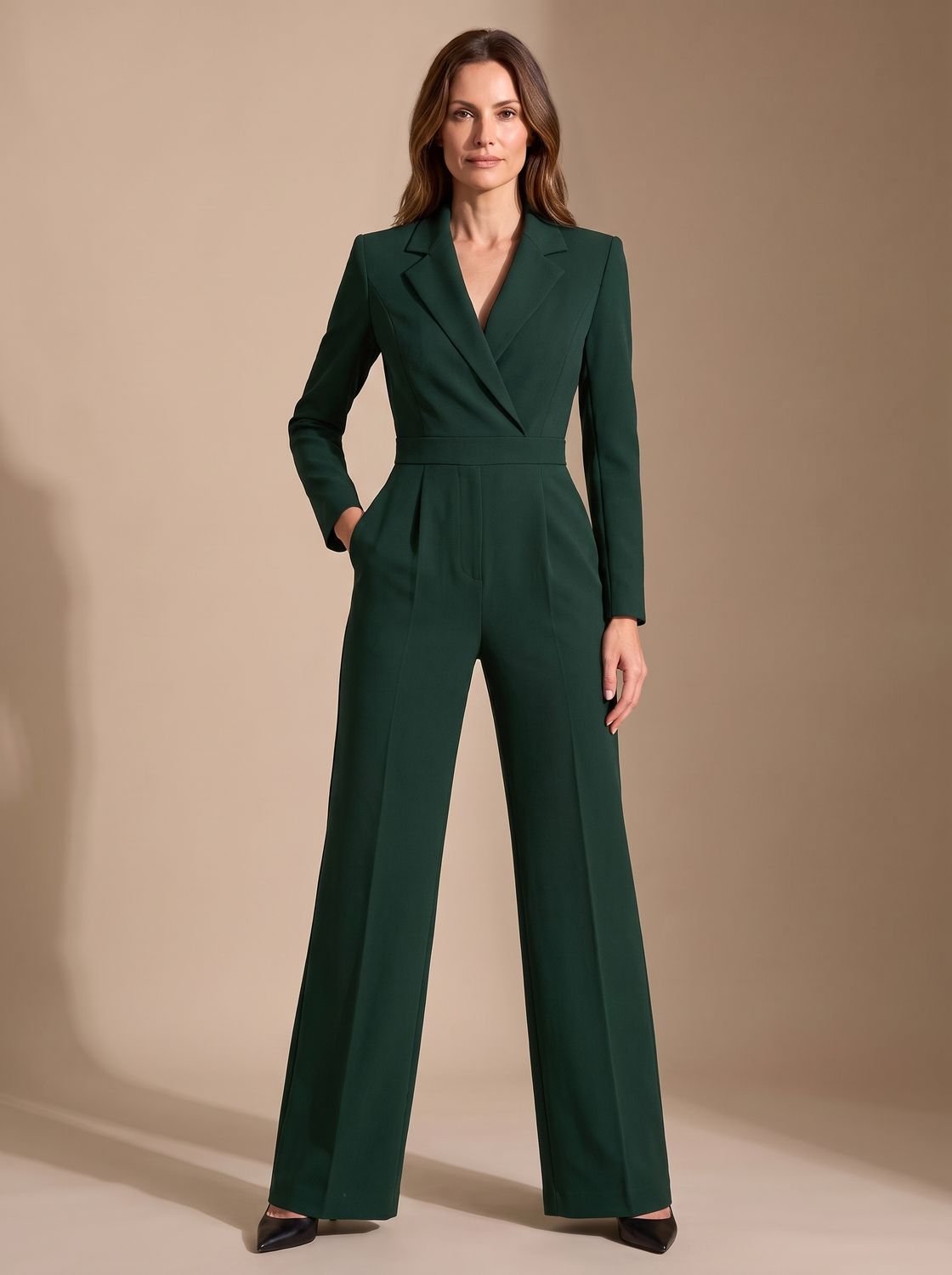 Women's Tailored Wrap-Front Long-Sleeve Wide-Leg Jumpsuit