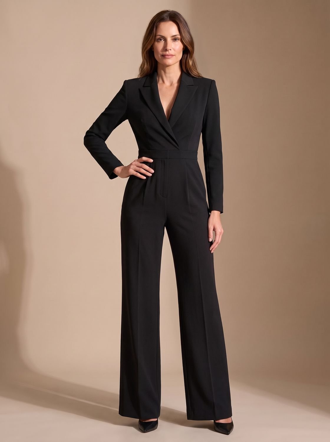 Women's Tailored Wrap-Front Long-Sleeve Wide-Leg Jumpsuit