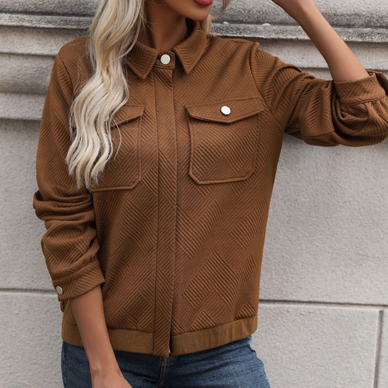 Women's Textured Zip-Up Long Sleeve Jacket Chest Pockets