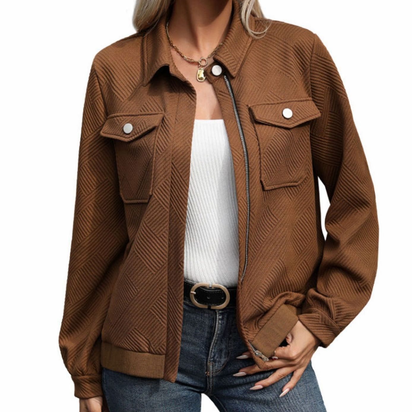 Women's Textured Zip-Up Long Sleeve Jacket Chest Pockets