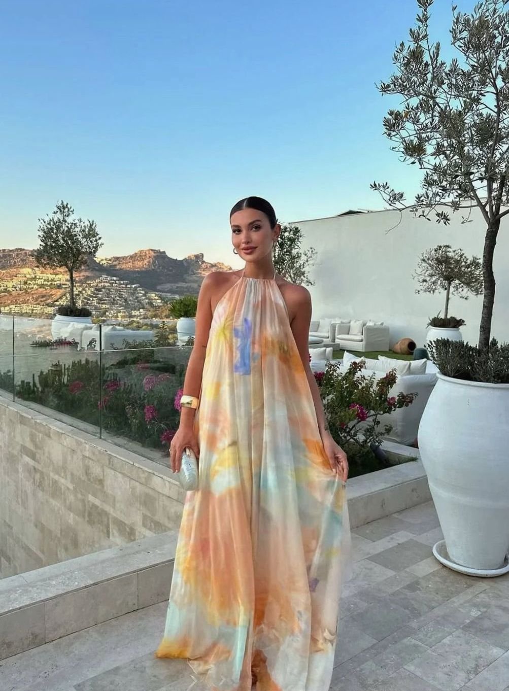 Women's Tie-Dye Print Halterneck Backless Flowy Maxi Dress - Orange