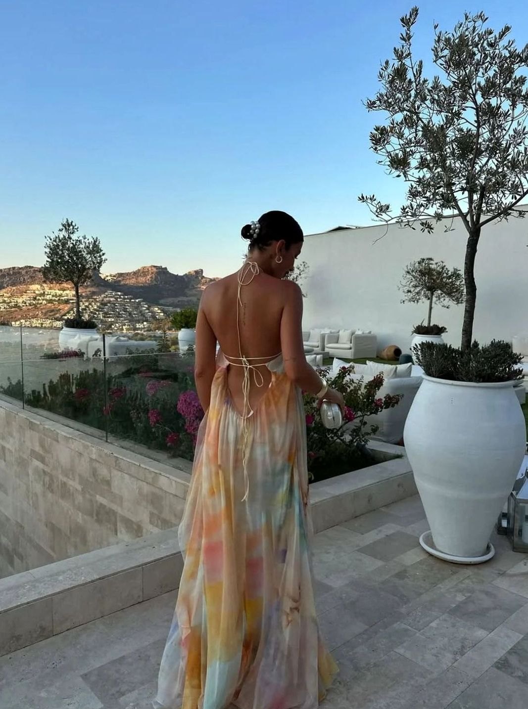 Women's Tie-Dye Print Halterneck Backless Flowy Maxi Dress