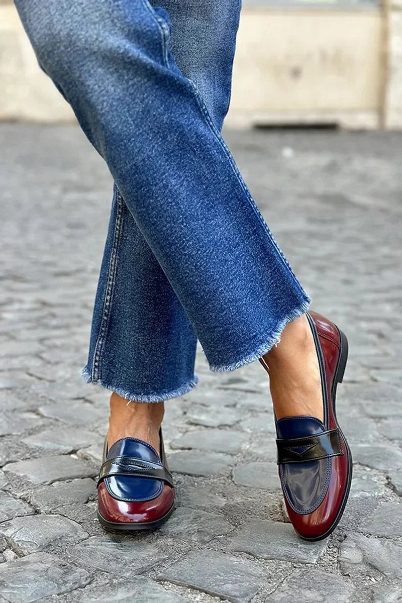 Women's Tricolour Patent Leather Slip-On Loafers - Burgundy