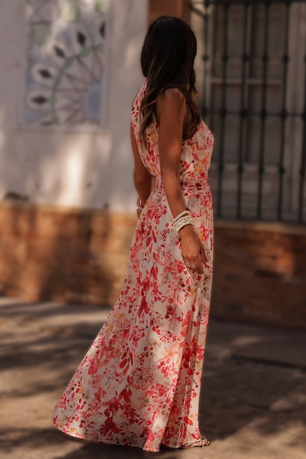 Women's Tropical Floral Halter Neck Flowing Maxi Dresses