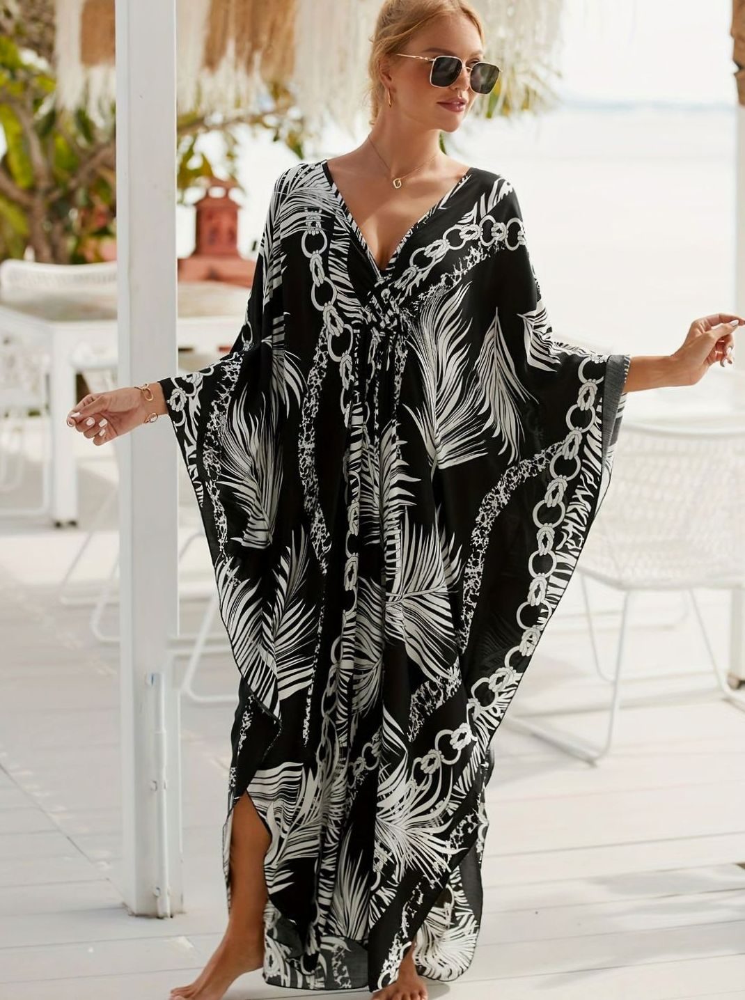Women's Tropical Palm Print Kaftan Maxi Dress V-Neck
