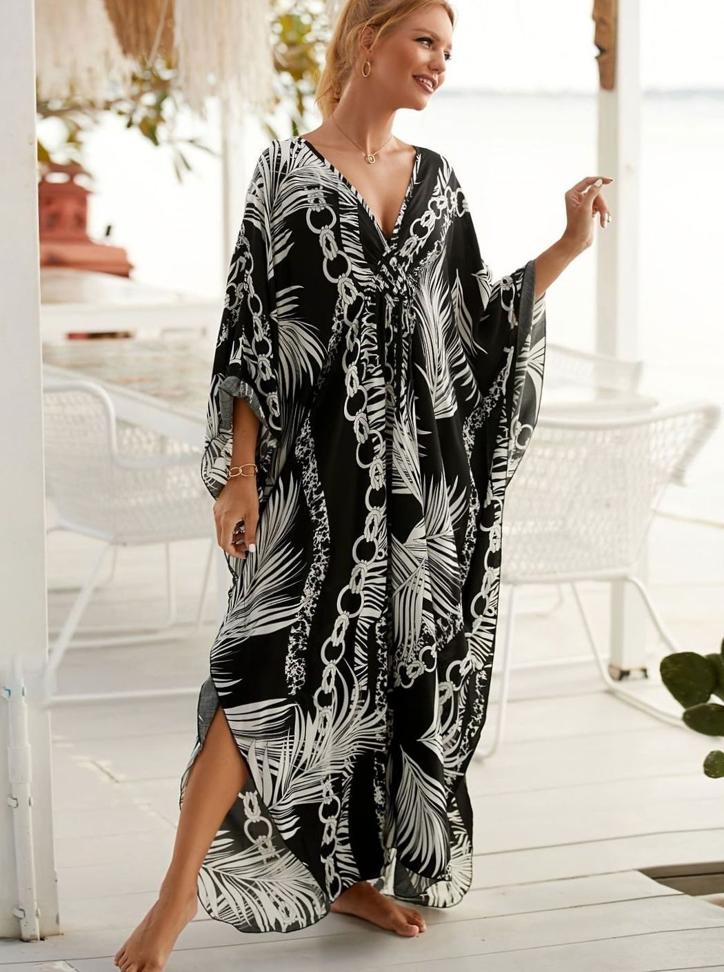 Women's Tropical Palm Print Kaftan Maxi Dress V-Neck