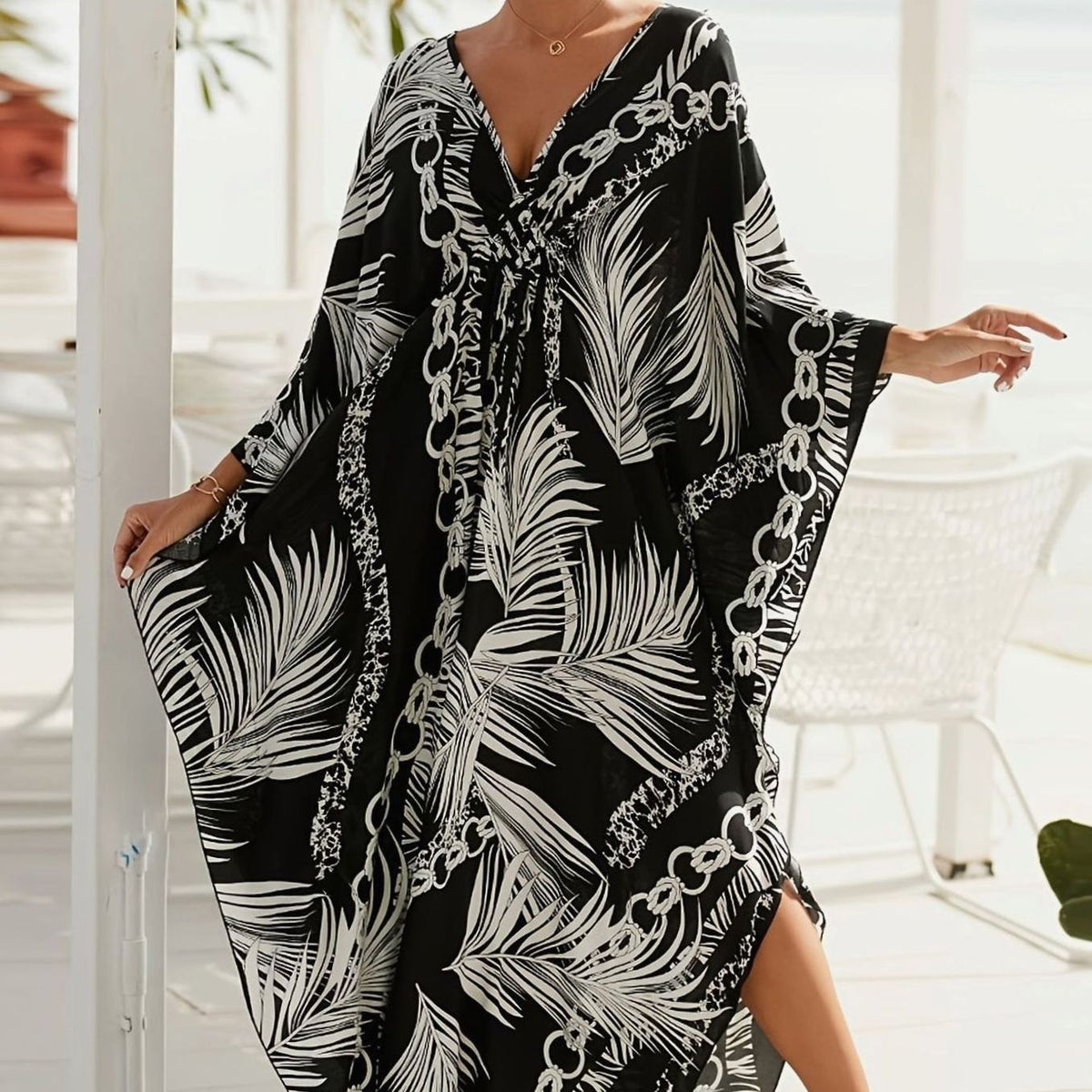 Women's Tropical Palm Print Kaftan Maxi Dress V-Neck - Black