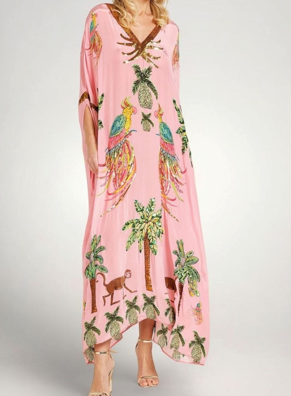 Women's Tropical Print Sequin Drop-Shoulder Maxi Dress