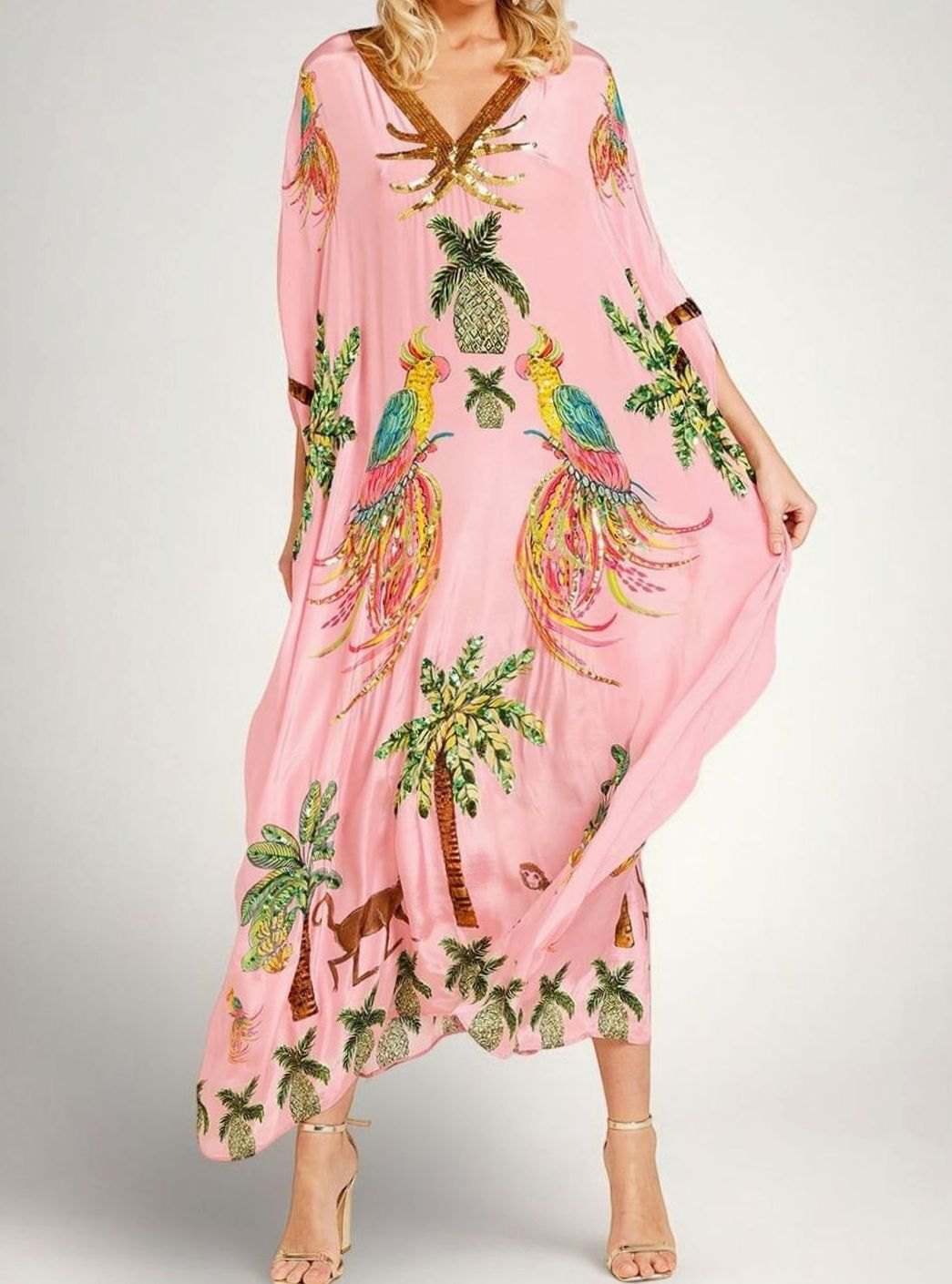 Women's Tropical Print Sequin Drop-Shoulder Maxi Dress