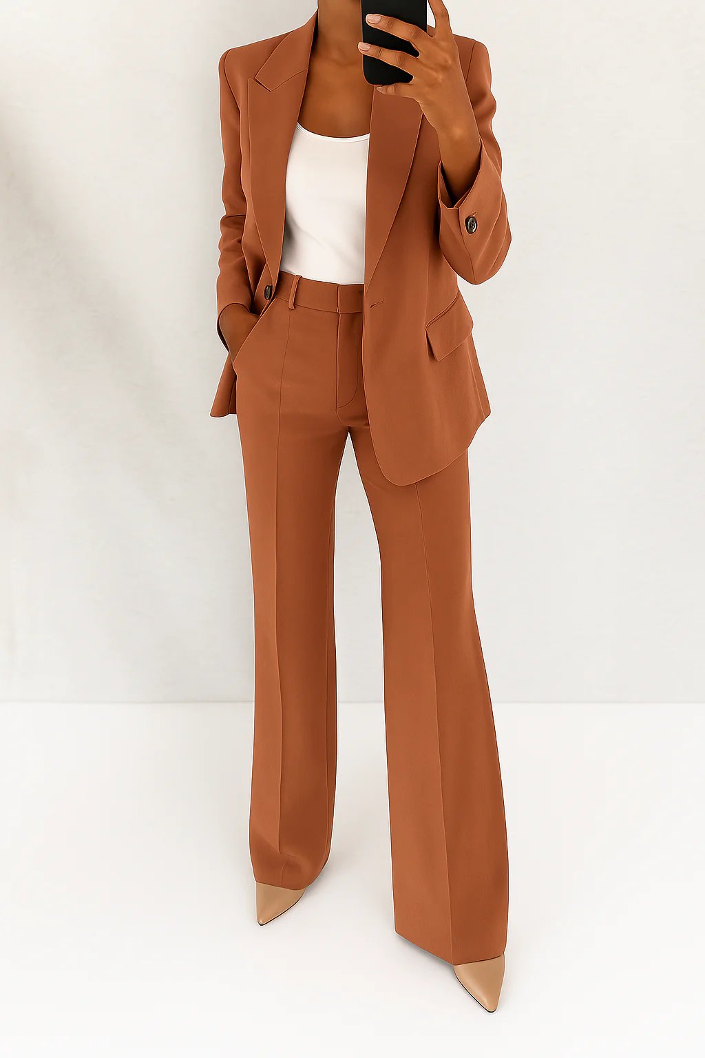 Women's Two Piece Suit Blazer Trouser Set Office Workwear - Brown