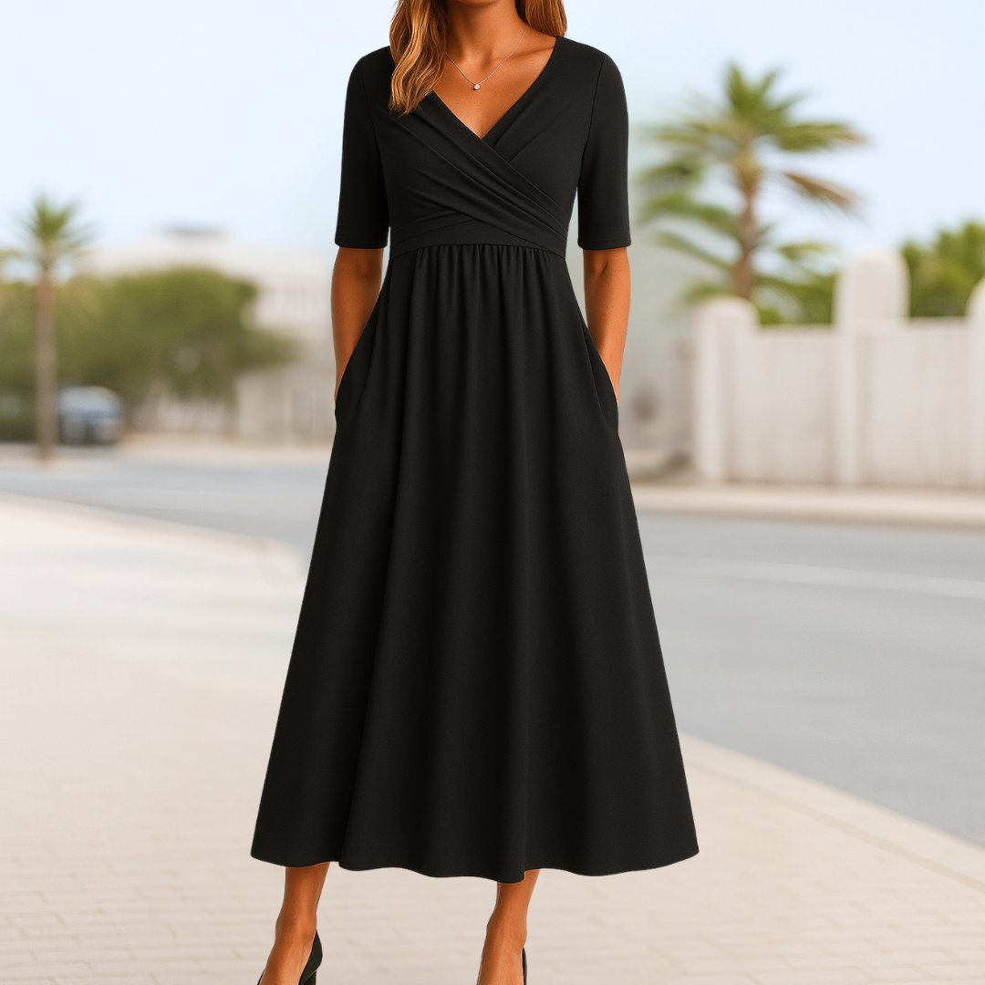Women's V-Neck A-Line Cross-Over Midi Dress - Black
