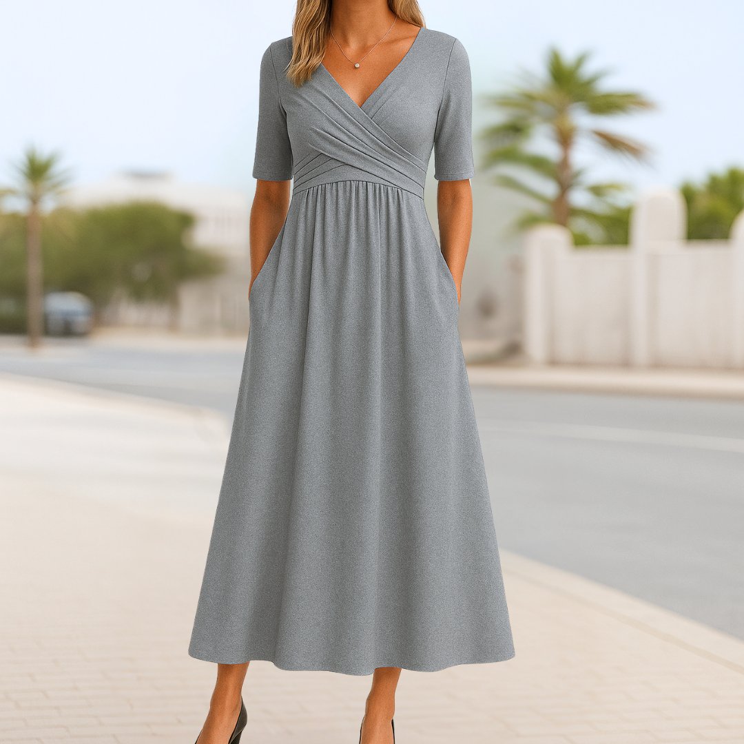 Women's V-Neck A-Line Cross-Over Midi Dress - Gray
