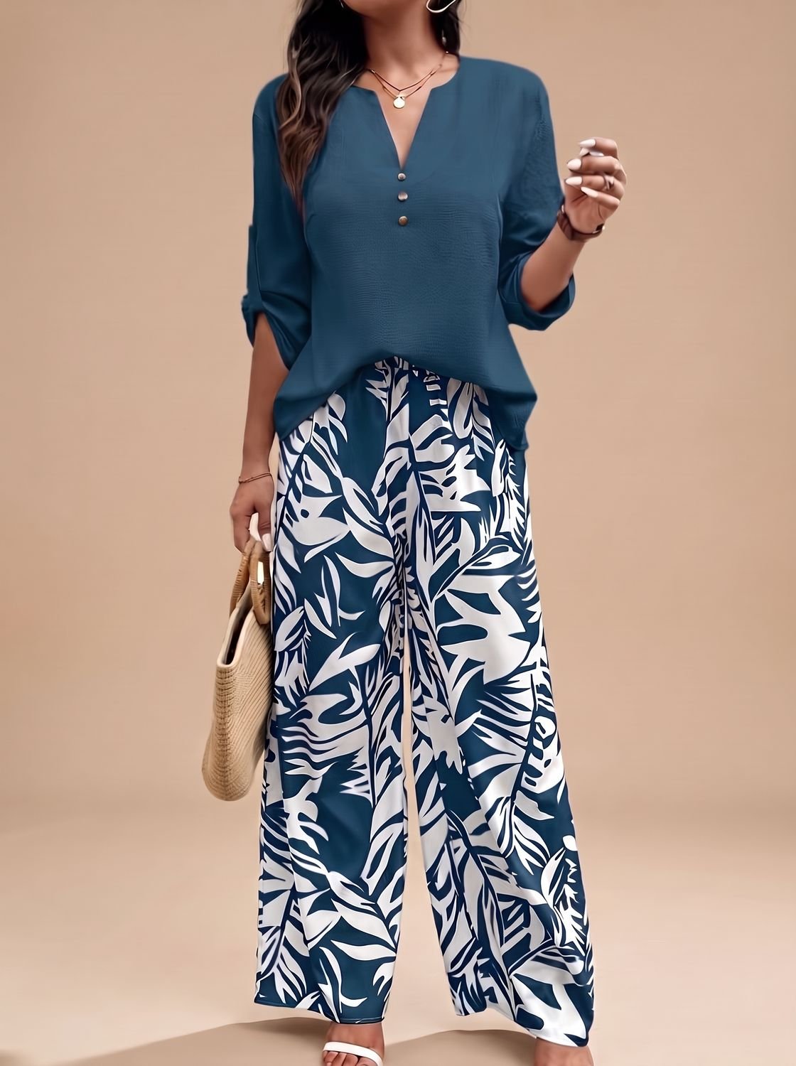 Women's V-Neck Blouse Palazzo Wide-Leg Pants Two-Piece Set