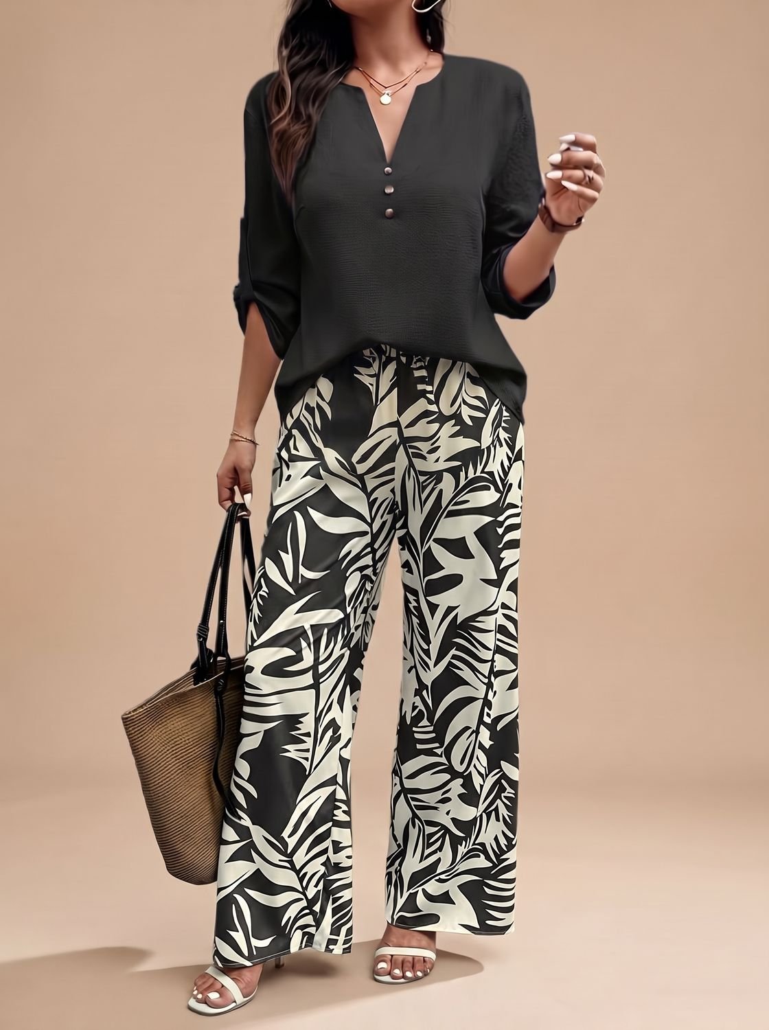 Women's V-Neck Blouse Palazzo Wide-Leg Pants Two-Piece Set