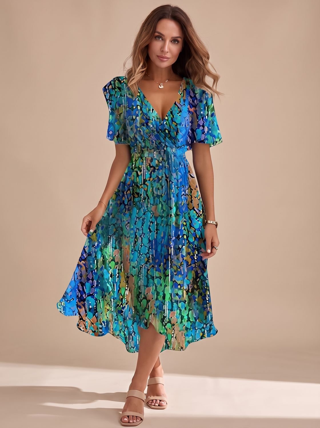 Women's V-Neck Flutter Sleeve Floral High-Low Midi Dress - Blue/Green