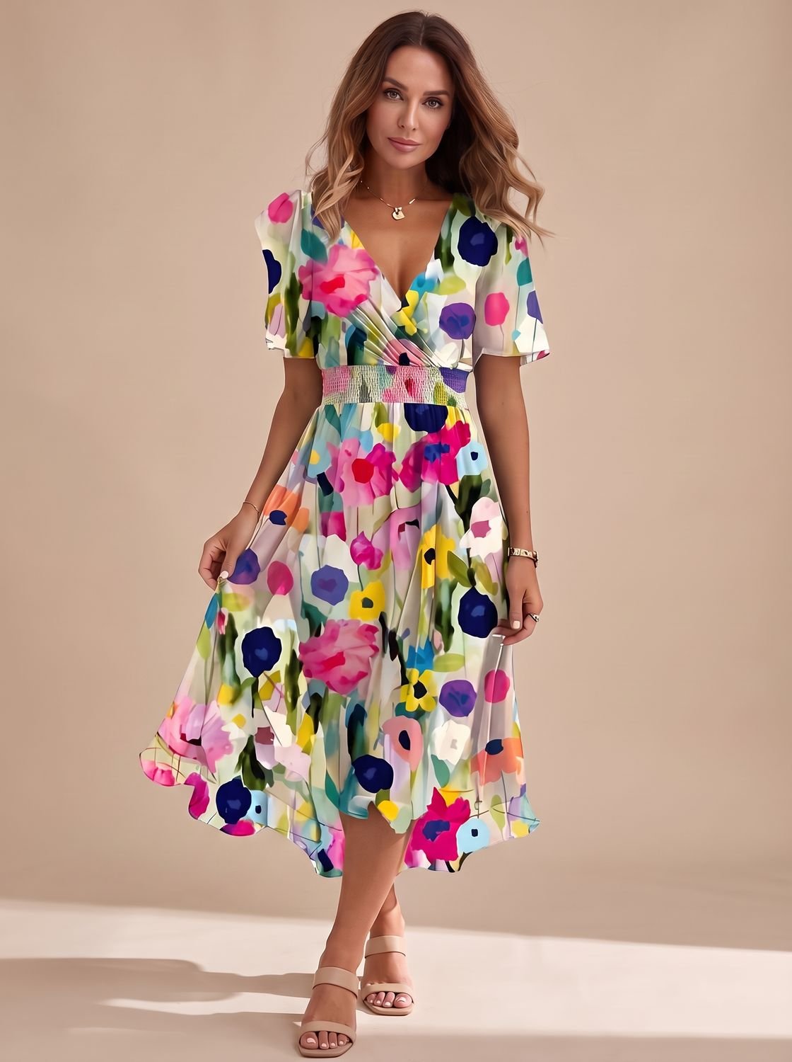 Women's V-Neck Flutter Sleeve Floral High-Low Midi Dress - Beige Floral