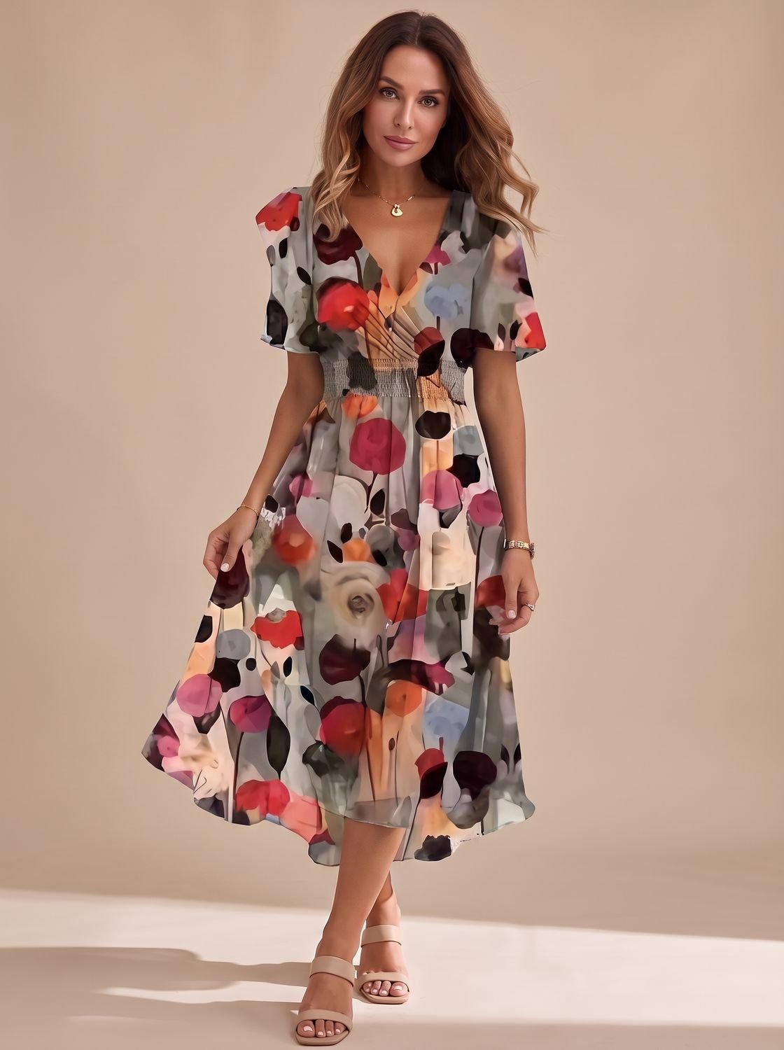 Women's V-Neck Flutter Sleeve Floral High-Low Midi Dress - Brown Floral