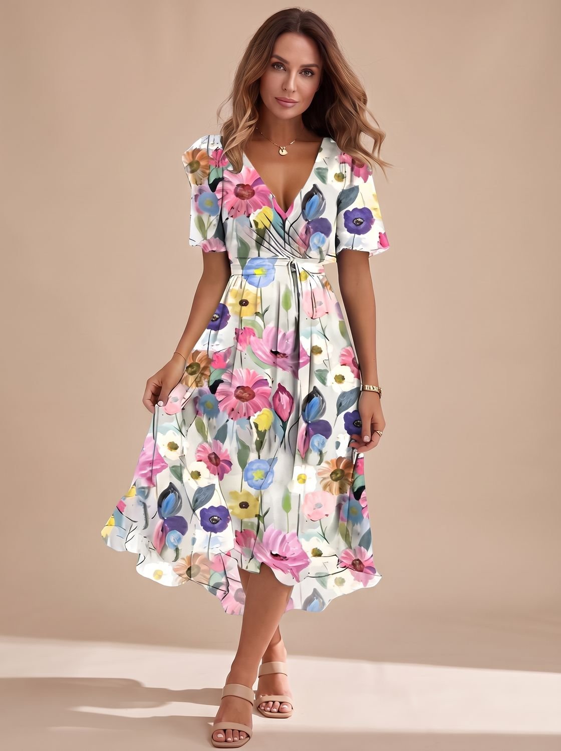 Women's V-Neck Flutter Sleeve Floral High-Low Midi Dress - White Floral
