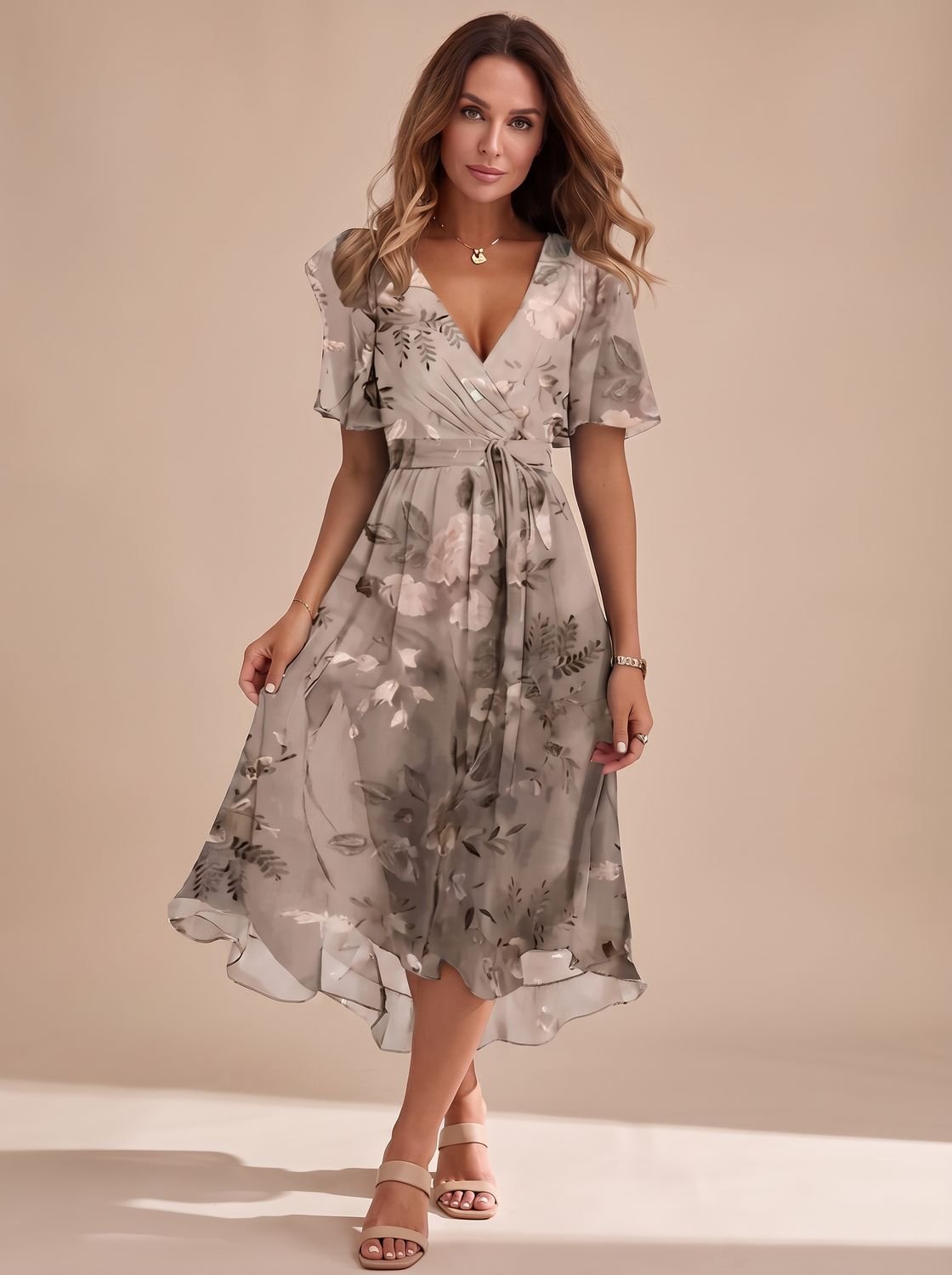 Women's V-Neck Flutter Sleeve Floral High-Low Midi Dress - Light Brown