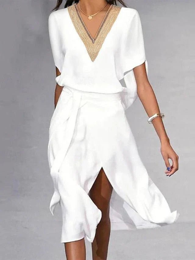 Women's V-Neck Gold-Trim Wrap Midi Dress Short Sleeve