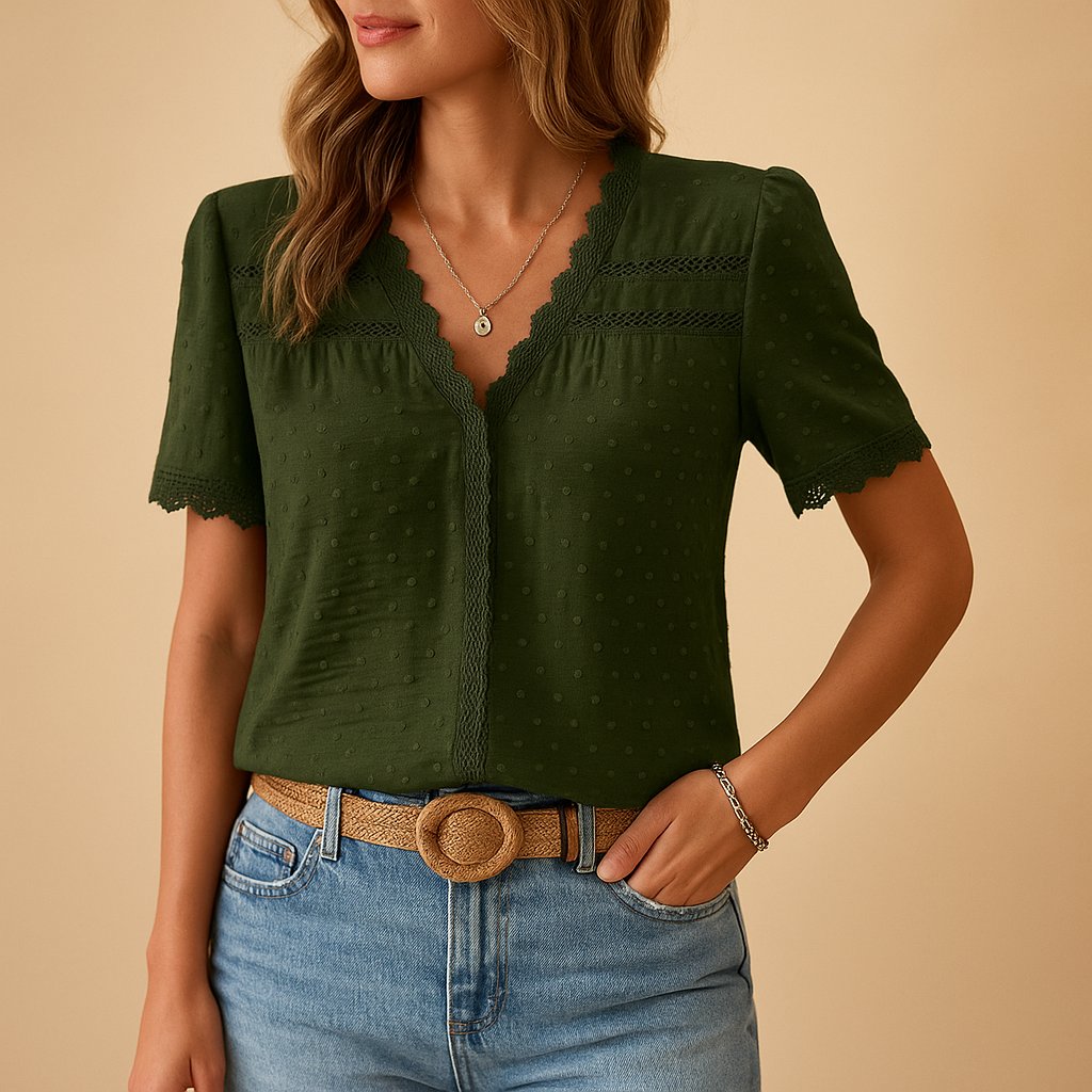 Women's V-Neck Lace-Trim Textured Short-Sleeve Blouse - Army Green