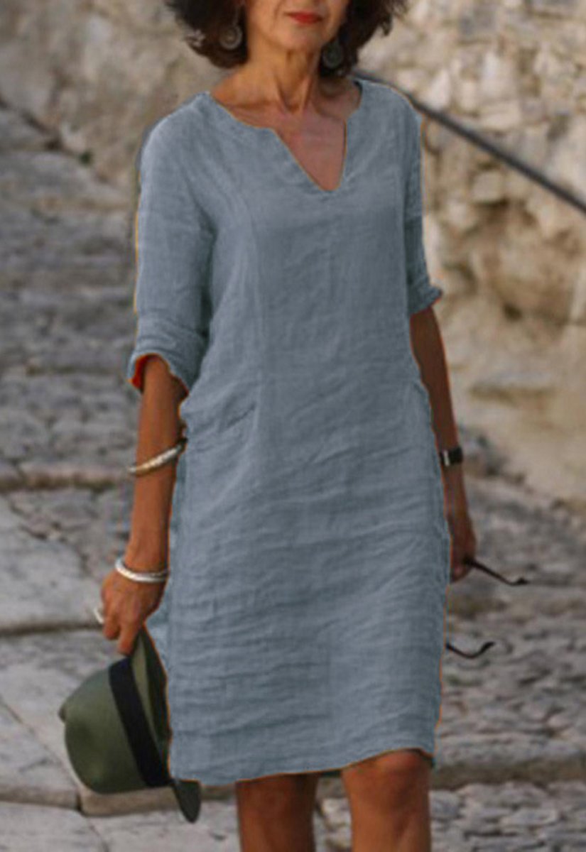 Women's V-Neck Relaxed-Fit A-Line Midi Dress - Grey