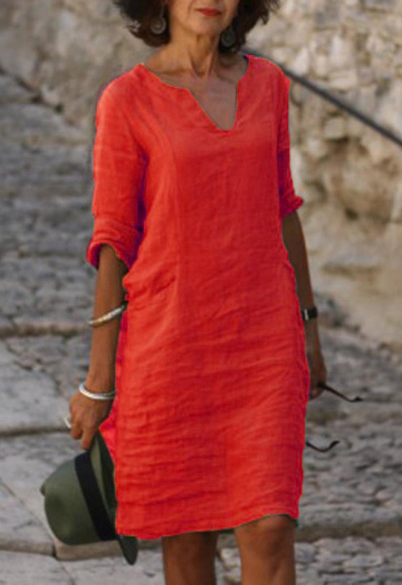 Women's V-Neck Relaxed-Fit A-Line Midi Dress - Red