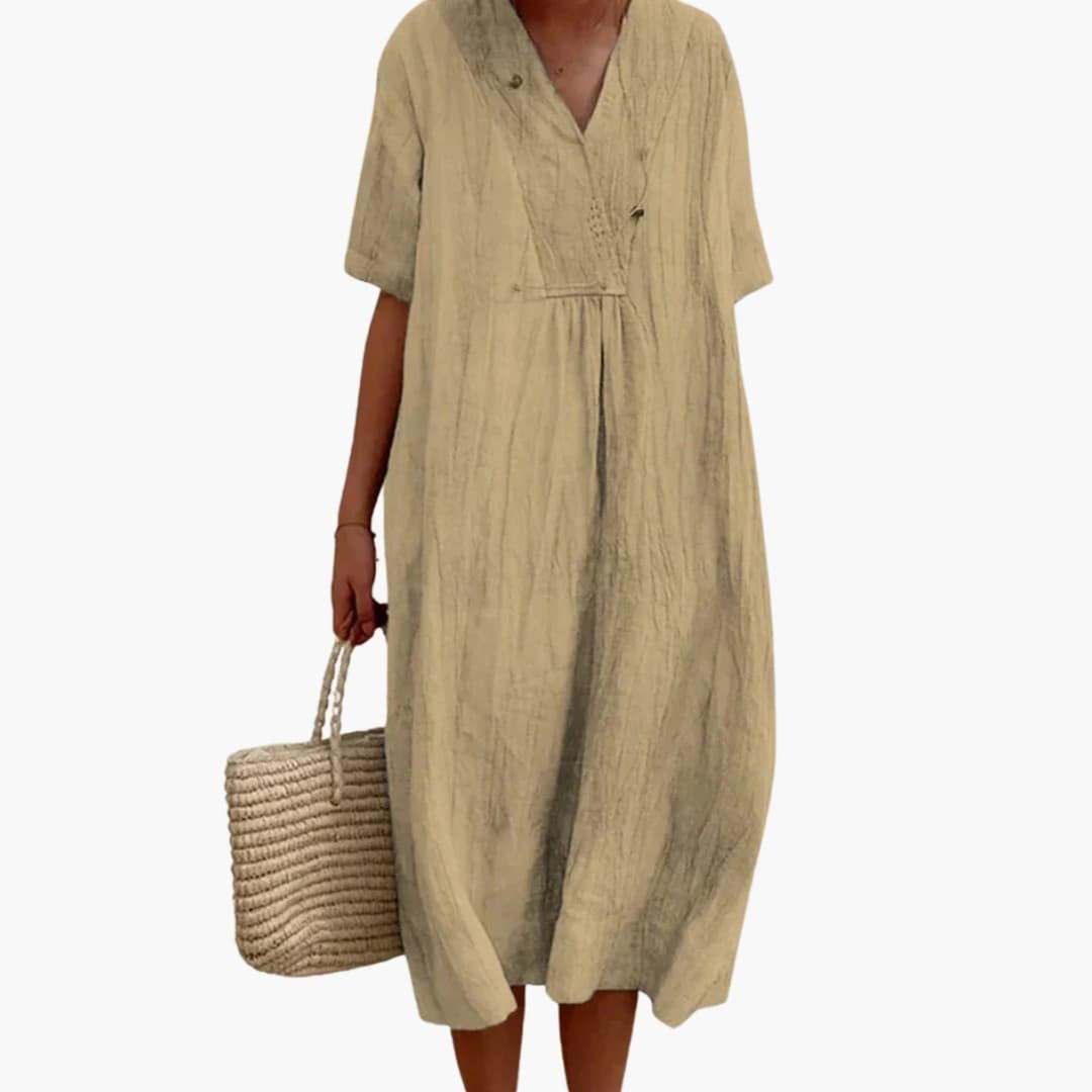 Women's V-Neck Relaxed Linen Midi Dress with Button Placket - Khaki