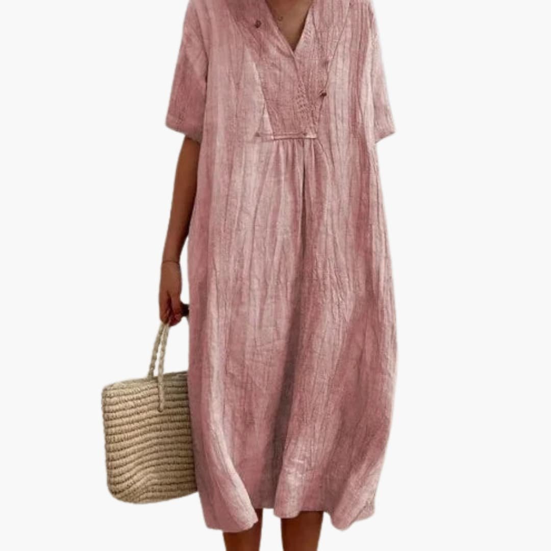 Women's V-Neck Relaxed Linen Midi Dress with Button Placket - Pink