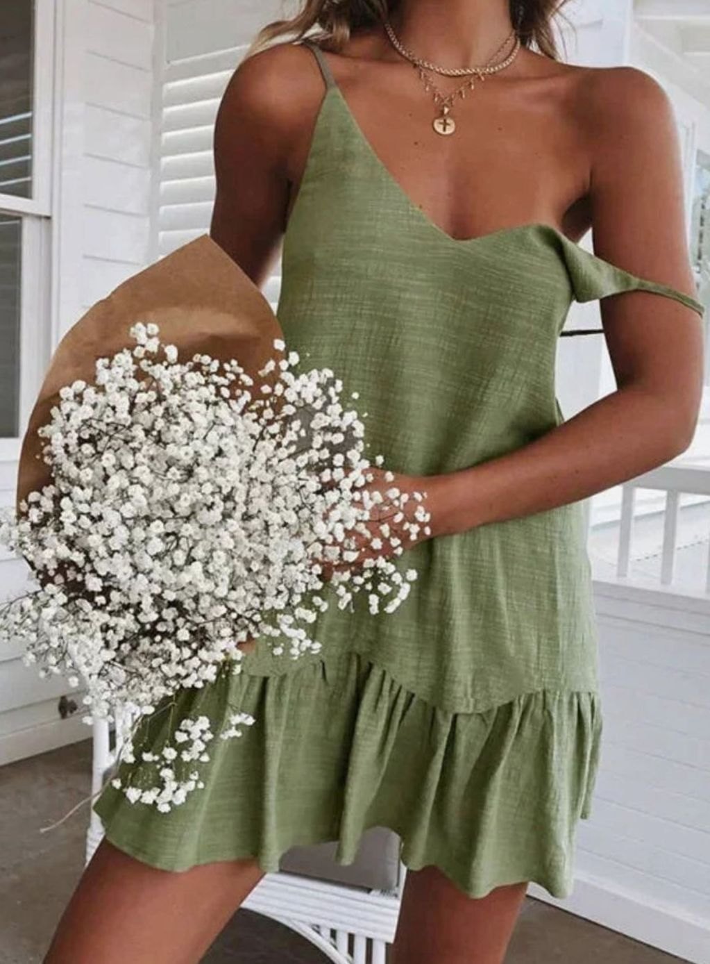 Women's V-Neck Ruffle Hem Spaghetti Strap Mini Dress - Green