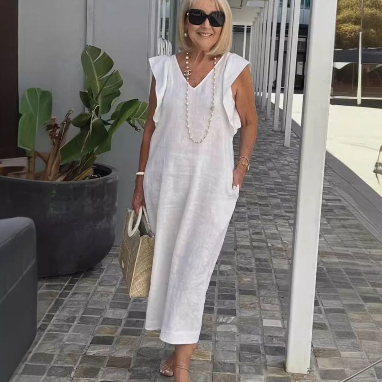 Women's V-Neck Ruffle-Shoulder Sleeveless Midi Sundress