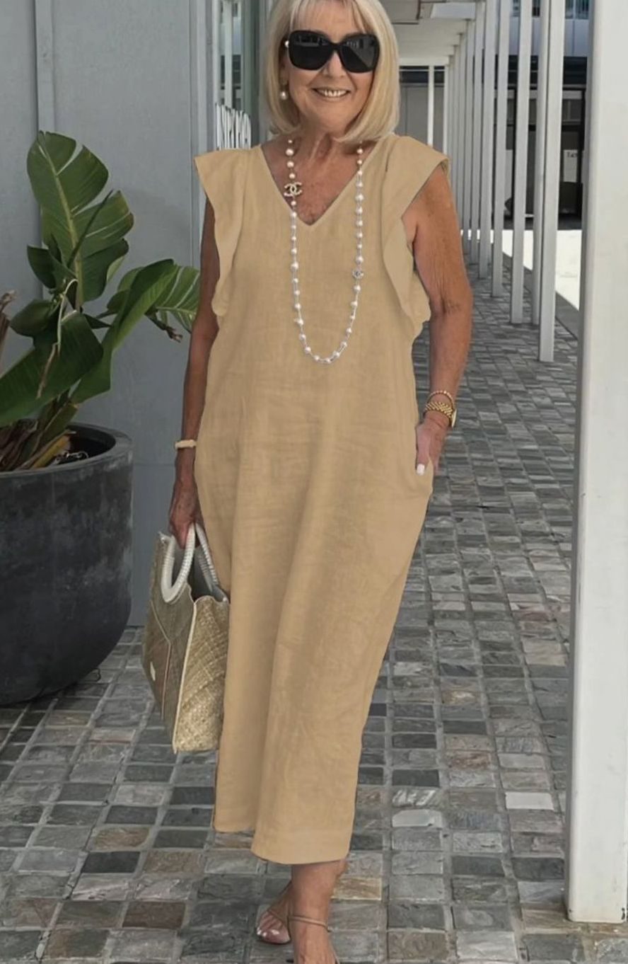 Women's V-Neck Ruffle-Shoulder Sleeveless Midi Sundress - Khaki
