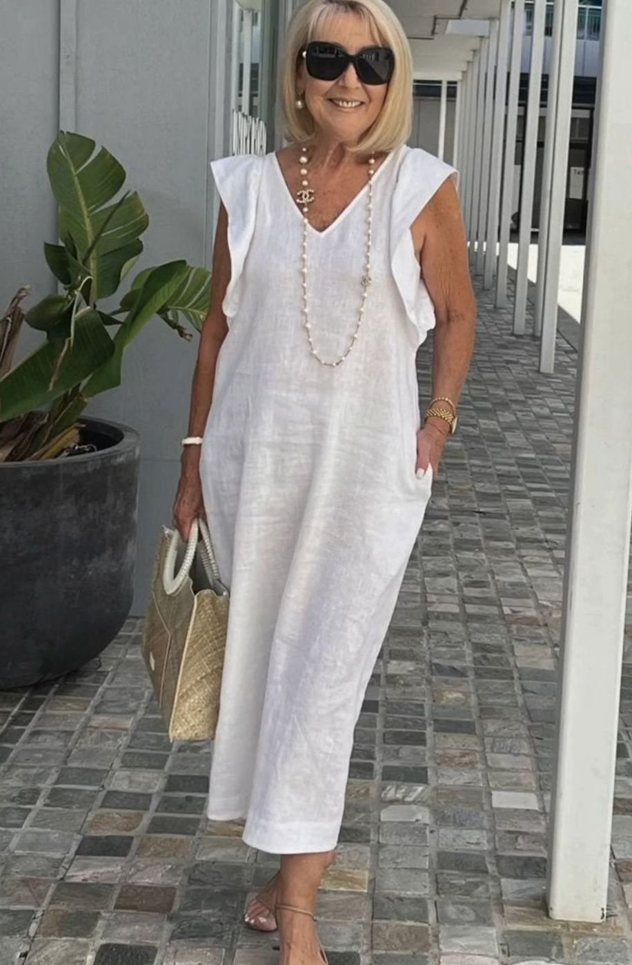 Women's V-Neck Ruffle-Shoulder Sleeveless Midi Sundress - White