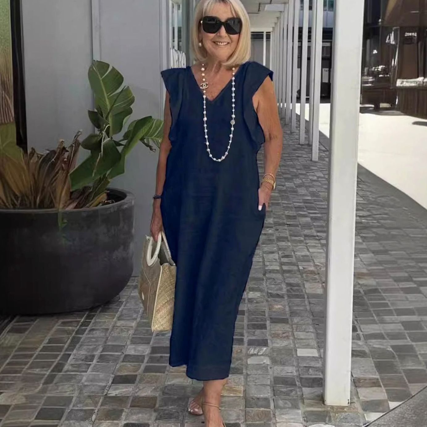 Women's V-Neck Ruffle-Shoulder Sleeveless Midi Sundress