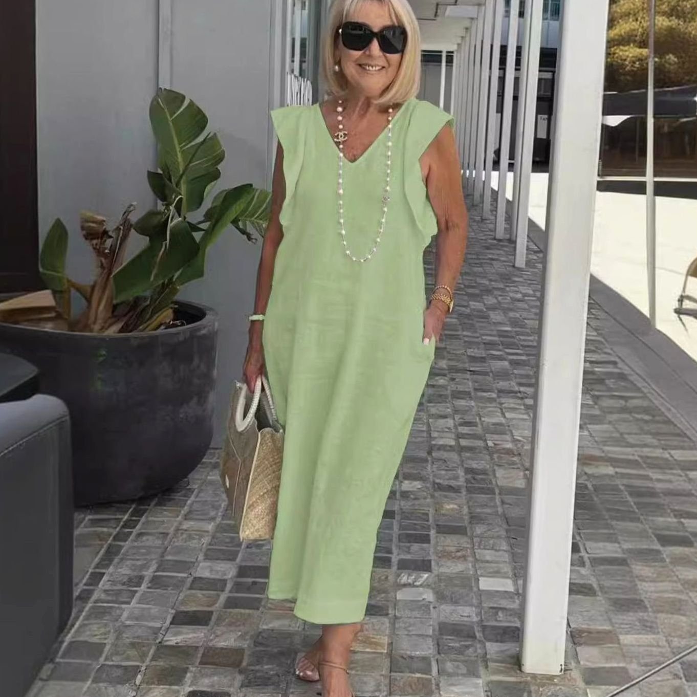 Women's V-Neck Ruffle-Shoulder Sleeveless Midi Sundress