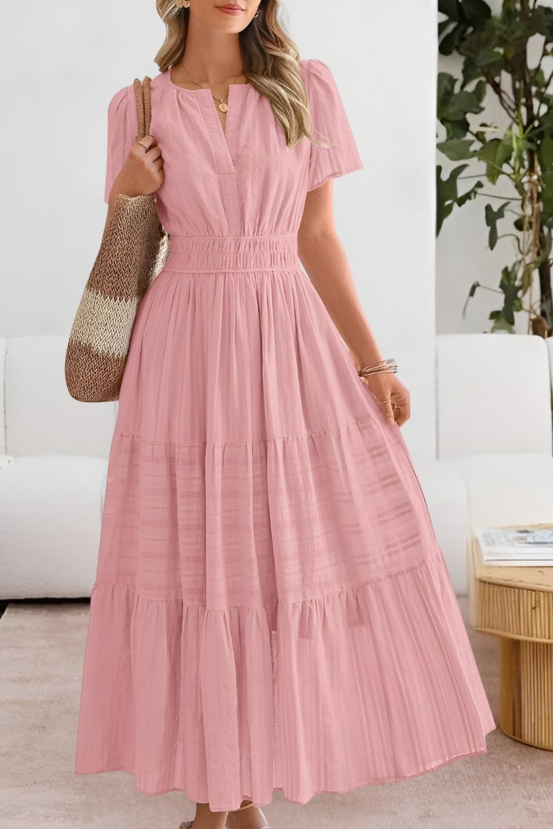 Women's V-Neck Short Sleeve Smocked Waist Tiered Maxi Dresses - Pink