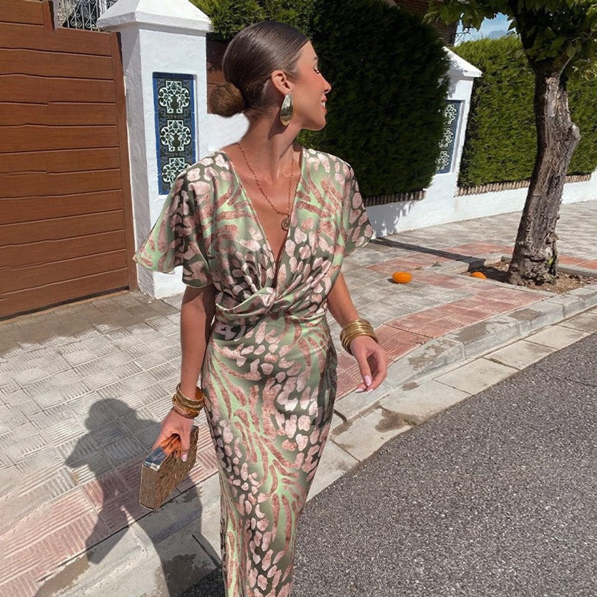 Women's V-Neck Twisted-Front Floral Summer Dress Satin Maxi