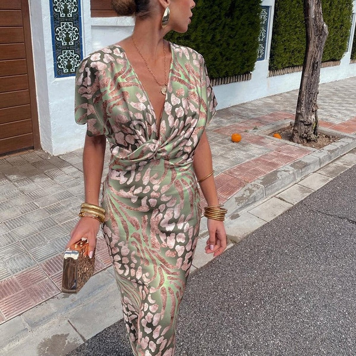 Women's V-Neck Twisted-Front Floral Summer Dress Satin Maxi