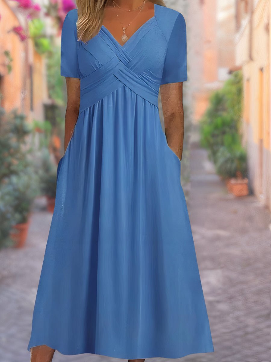 Women's V-Neck Wrap-Front Ruched Empire-Waist Midi Dress - Blue
