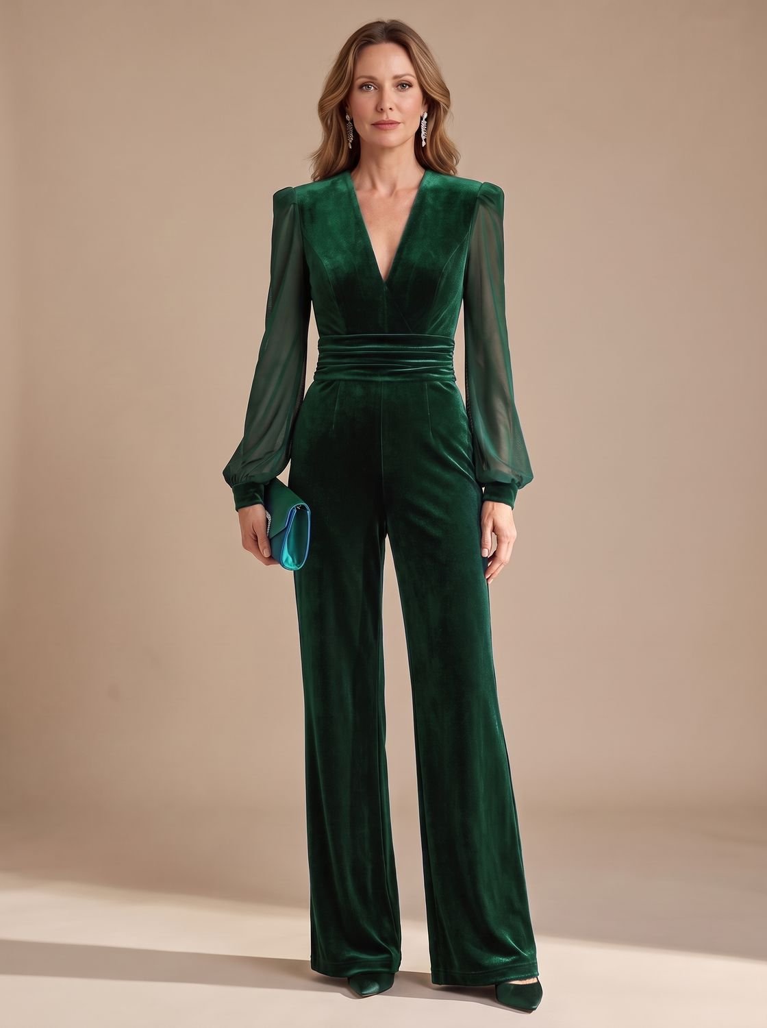 Women's Velvet Deep V-Neck Wide-Leg Jumpsuit Mesh Sleeves