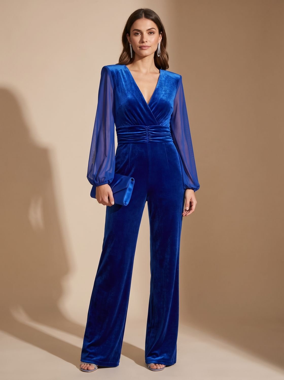 Women's Velvet Deep V-Neck Wide-Leg Jumpsuit Mesh Sleeves