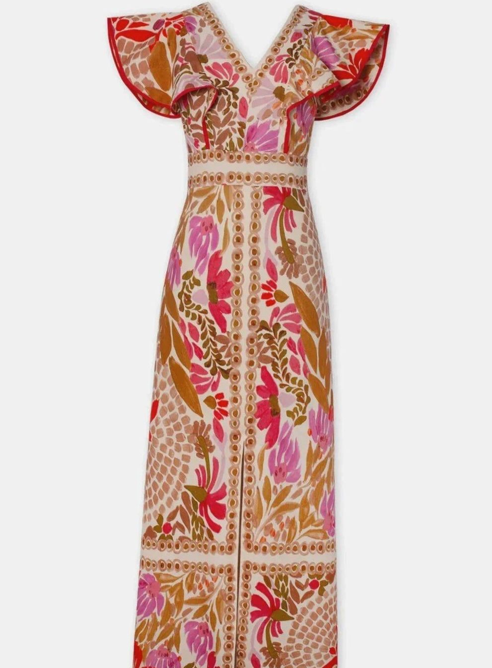 Women's Vibrant Floral Maxi Dress Flutter Sleeve V-Neck Slit - Red Floral