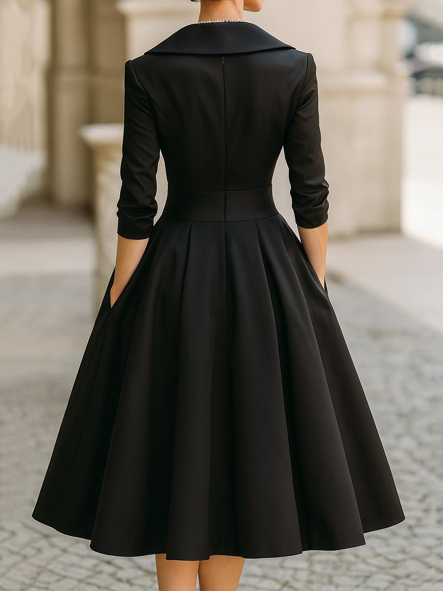 Women's Vintage A-Line Wrap Midi Dress 3/4 Sleeve Full Skirt