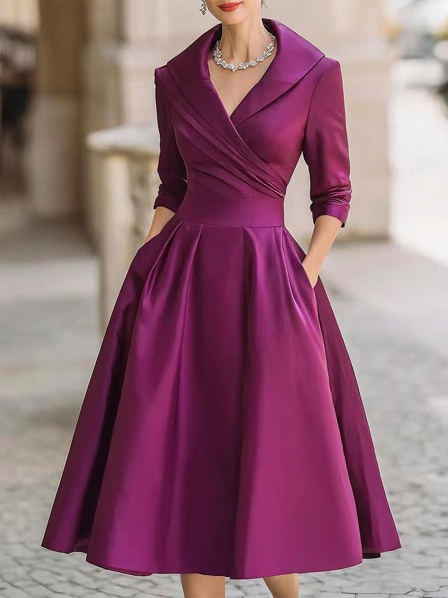 Women's Vintage A-Line Wrap Midi Dress 3/4 Sleeve Full Skirt - Purple