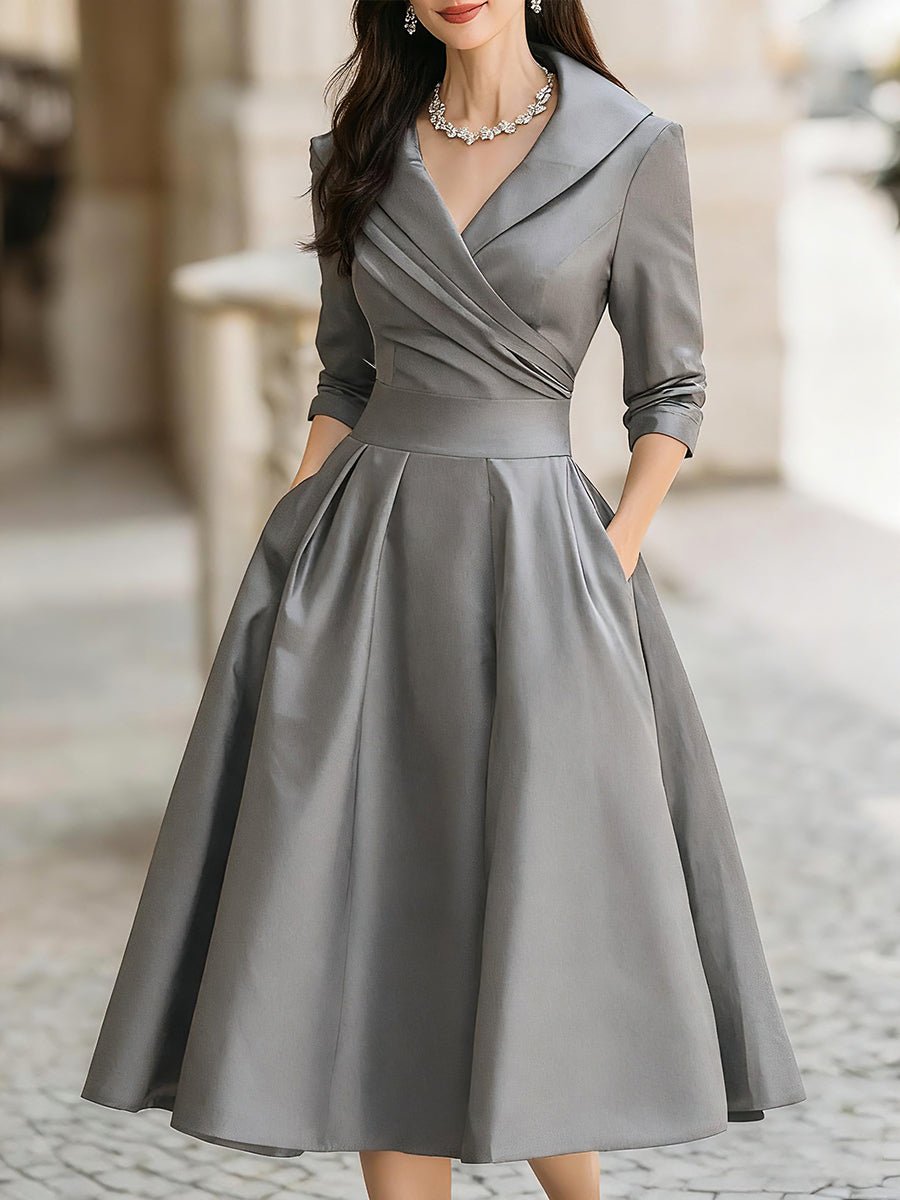 Women's Vintage A-Line Wrap Midi Dress 3/4 Sleeve Full Skirt - Grey