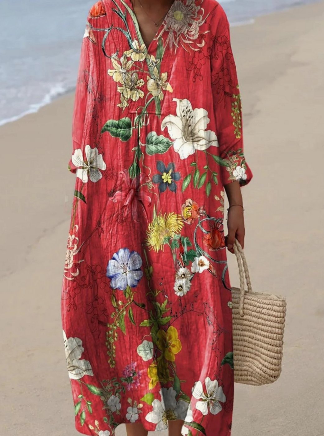Women's Vintage Floral Art Print Long-Sleeve Maxi Dress - Multicolor