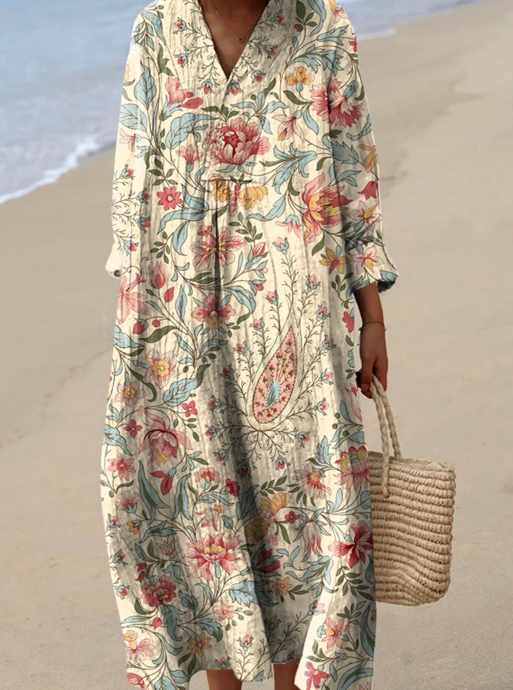 Women's Vintage Floral Maxi Dress Long-Sleeve V-Neck Art Print - Yellow